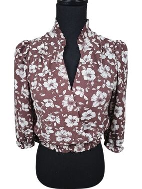 Monteau Brown Floral V-Neck Puff Sleeve Crop Top